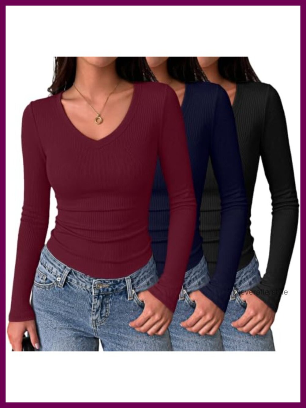 V Neck Ribbed Slim Fit Long Sleeve Tee